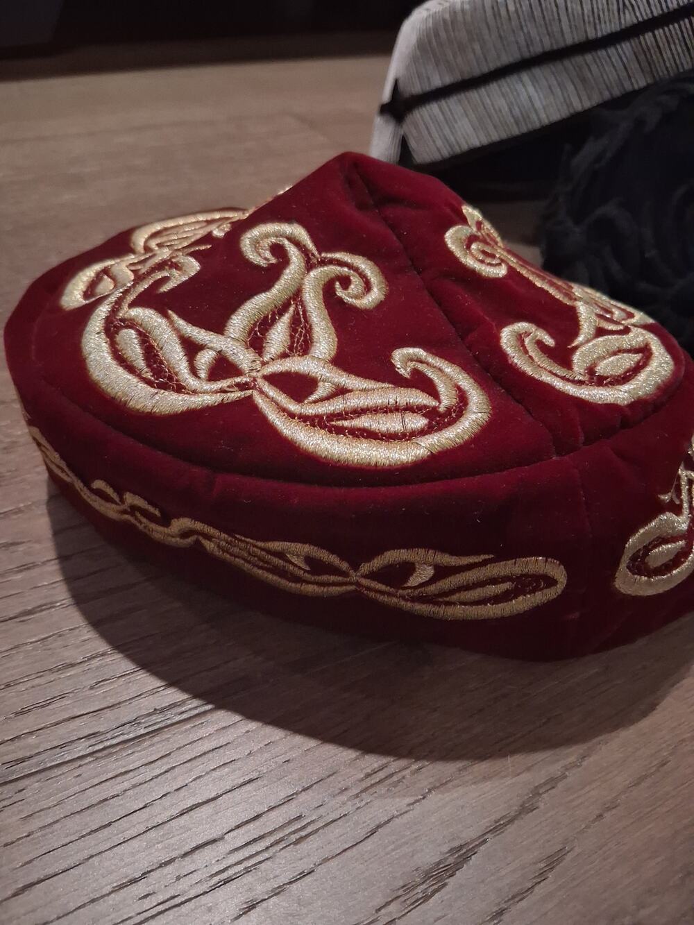 Burgundy velvet hat with Gold Embroidery
